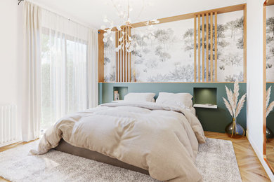 Imagen de dormitorio principal y blanco y madera contemporáneo de tamaño medio con paredes blancas, suelo de madera clara, suelo marrón y papel pintado