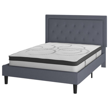 Roxbury Queen Size Tufted Upholstered Platform Bed in Light Gray Fabric with...