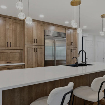 Warm Cherry Kitchen and Powder Room Remodel with Waterfall Island in Herndon, VA