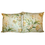 Studio Design Interiors - Delft Tulips Pair 90/10 Duck Insert Pillow With Cover, 20x20 - Tulips, open and inviting adorn this charming pair of pillows in cool green and yellows, coordinated with a poly-chintz micro-dot back. Fabulous.