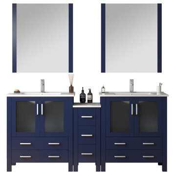 Lexora Volez 72" Vanity Cabinet, Navy Blue, Top, Mirror, 4 Doors 7 Drawers