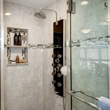 Elegant Master Bathroom Remodel with Quartz-Granite Hybrid Vanity and Spa Shower