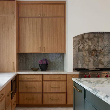 Oak Millwork Meets Tactile Stone Backsplash