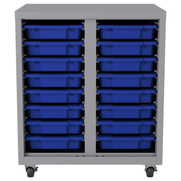 Mobile Metal Bin Storage Cabinet with 16 plastic tote bins Silver/Blue