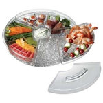 PRODYNE - PRODYNE AB5L Acrylic Tray Appetizers On Ice With Lids Keeps - Keep hors d'oeuvres chilled and fresh for hours over a bed of ice. This amazing revolving tray keeps appetizers chilled so they stay fresh and tasty through the party. Simply fill the deep bottom tray with cubed or crushed ice and position the 3 double compartment upper food trays above. The double compartment food trays have vented bottoms to allow the chill from the ice to flow through. A handy removable dip cup is also included. Each upper food tray and the dip cup have an attractive lid to keep the cold in and the bugs out. Perfect for both indoor and outdoor entertaining, the tray can be used for a variety of food delights, such as fruit, veggies, cold cuts, relishes, seafood, and even sushi. Made from durable crystal clear acrylic. Measures 16 �" D x 5" H. Beautiful color gift box. SKU: OCT2279.