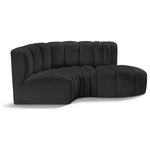 Meridian Furniture - Arc Vegan Leather Upholstered 3-Pc. S-Shaped Modular Sofa, Black - Unleash modern opulence with the Arc Vegan Leather 3pc. Sectional. Crafted for the modern connoisseur, this Sectional injects an air of refined luxury into any space. Its sleek silhouette, upholstered in supple black vegan leather, exudes timeless sophistication while the deep channel tufting adds textural intrigue, further elevating the chair's visual appeal. The modular design makes it a versatile chameleon, effortlessly adapting to your evolving needs and preferences. Whether you envision it gracing a chic living room corner, basking in the glow of a bedroom window, or adding a touch of drama to a home office, the Arc seamlessly complements your unique interior aesthetic.