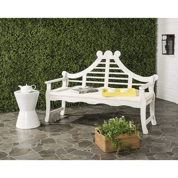 Outdoor Bench, Acacia Wood Frame With Padded Seat and Unique Back, Antique White