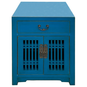 Distressed Bright Bice Blue Shutter Doors End Table Nightstand Hcs7495