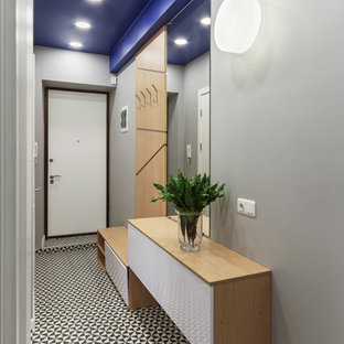 Неиссякаемый источник вдохновения для домашнего уюта: маленький узкая прихожая в современном стиле с серыми стенами, одностворчатой входной дверью, белой входной дверью и разноцветным полом