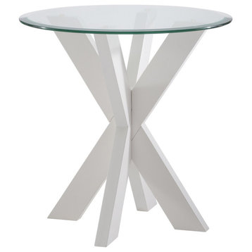 Contemporary Side Table, Crisscross Base & Beveled Glass Top, White
