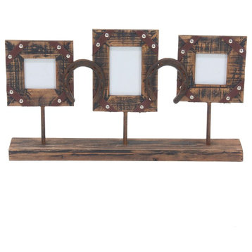 Rustic 3-Opening Wood and Iron Photo Frame With Stand