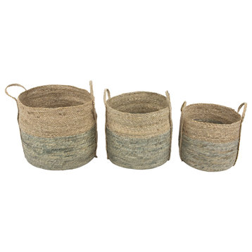 Set of 3 Round Tall Woven Seagrass Storage Baskets With Handles 16.25"