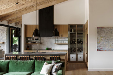 Trendy light wood floor and vaulted ceiling living room photo in Kansas City