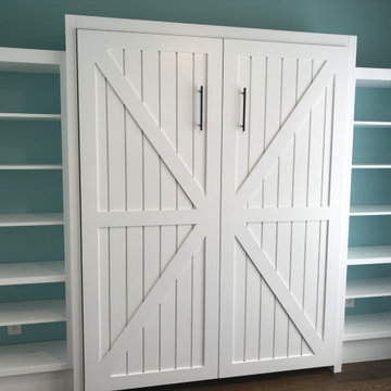 Custom Built Farmhouse Style Vertical Queen Murphy Bed with Side Shelving