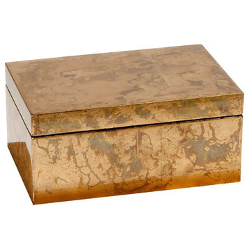Luxe Lacquered Gold Leaf Decorative Box 11", Metallic Trinket Simple Midcentury