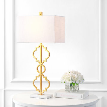 Selina 32" Iron Ogee Trellis Modern LED Table Lamp, Gold  by JONATHAN  Y