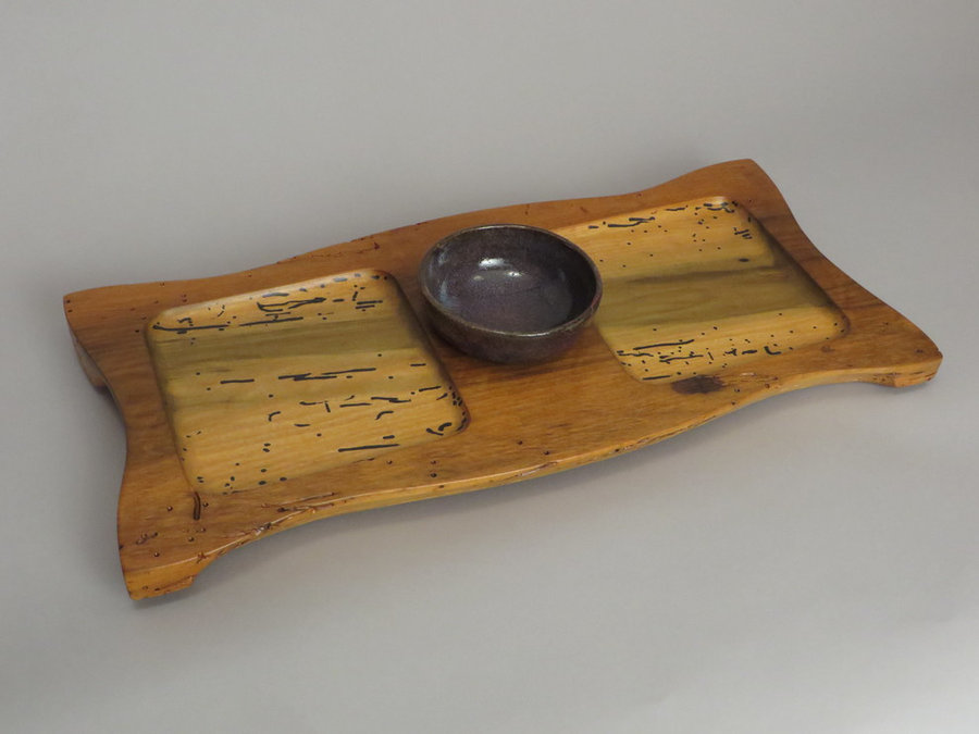 #15030 Hand-Carved Serving Tray. Reclaimed Poplar, Ceramic Bowl.