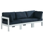 Meridian Furniture - Nizuc Water Resistant Patio Modular Straight Sofa, Navy, 3-Piece: 1 Armless Chair, 2 Corner Chair, White Aluminum Frame - Pick and choose your favorites from the Nizuc collection to create a modular seating group the whole gang will enjoy. The sturdy aluminum frame provides dependable support for friends and family as they relax and unwind, and the resilient navy water resistant fabric stands up to the elements without losing its beautiful demeanor, so you can count on it lasting for the long haul. Latches beneath these seating pieces help you easily attach them to one another for convenient setup.