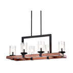 6-Light Black and Wood Rectangular Linear Chandelier With Seeded Glass