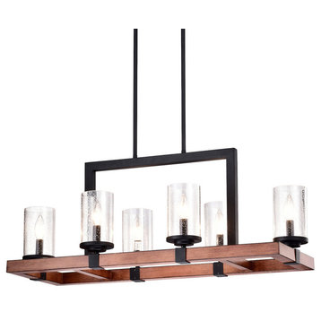 6-Light Black and Wood Rectangular Linear Chandelier With Seeded Glass