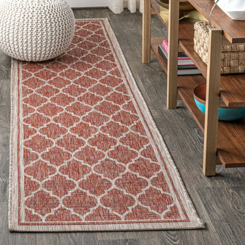 Trebol Moroccan Trellis Textured Weave Indoor/Outdoor, Red/Beige, 2 X 8