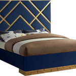 Meridian Furniture - Vector Upholstered Bed, Navy, King, Velvet - Take your bedroom space to a whole new modern level with this Vector navy velvet king bed. Posh velvet upholstery in a lovely navy color is intersected by polished gold metal in a geometric design that is nothing short of spectacular. This stunning bed has a gold metal base to finish off the presentation on a glamorous and upscale note. Full slats are included with the bed to help provide support for your mattress, and the platform footprint ensures you need no box springs or foundation to recreate this look at home.