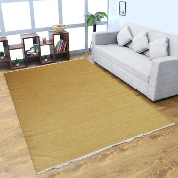 HAND WOVEN FLAT WEAVE KILIM WOOL ECO-FRIENDLY AREA RUGS, Rectangle, Gold, Solid,