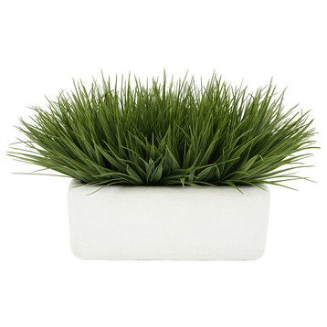 Artificial Green Farm Grass in 14" Sandy White Rectangle Ceramic