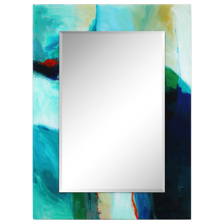 "Sky" Rectangular Beveled Wall Mirror Framed with Printed Tempered Art Glass