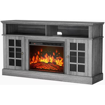 Farmhouse Entertainment Center, Fireplace & Glass Doors With Cord Holes, Gray