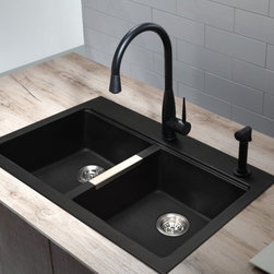Kraus 33 1/2 inch Dual Mount 50/50 Double Bowl Black Onyx Granite Kitchen Sink - Kitchen Sinks