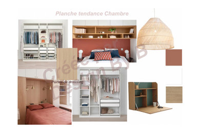 Modelo de dormitorio principal de tamaño medio sin chimenea con suelo de madera clara y suelo beige