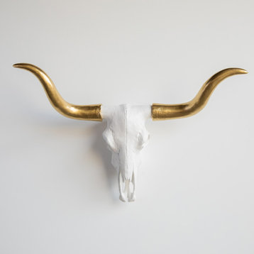 Large Faux Skull Texas Longhorn, White/Gold