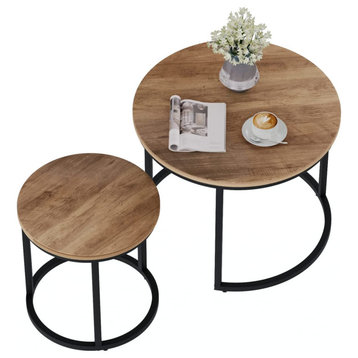 Modern Nesting Coffee Table with Adjustable Non-Slip Feet, Wooden Pattern Round