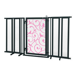 Fusion Gates - Fusion Gate with Songbirds in Pink Design, Black, 71.5"-74" - Dog Gates