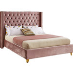 Meridian Furniture - Barolo Velvet Upholstered Bed, Pink, King - Elegant and eye-catching, the stunning Barolo Bed from Meridian Furniture is the perfect addition to any bedroom. Rich velvet covers the deep tufted design. A beautiful wing bed design is complimented by hand applied gold nail head details. Strength and beauty is guaranteed with a solid wood frame and stainless steel legs.