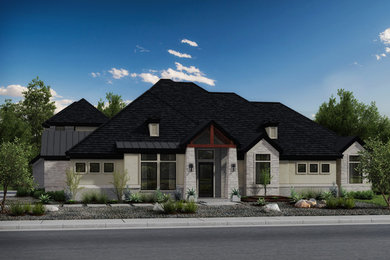 Large minimalist beige two-story stone exterior home photo in Dallas with a mixed material roof