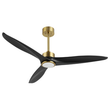52" Solid Wood 3-Blade LED Ceiling Fan With Remote Control and Light Kit, Gold/Black