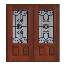 Prehung Double Door 80 Fiberglass Verona 2 Panel Arch Lite GBG Glass - Front Doors