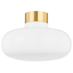 Hudson Valley - Mitzi Eliana 1-Light Flush Mount, Aged Brass/Opal Shiny, H785501-AGB - Add a modern retro sensibility to the ceiling with this rounded blown opal glossy glass shade capped by a ring of Aged Brass. The soft shape and clean metal details work with a variety of styles, making this design the perfect way to elevate the lighting in spaces throughout the home.