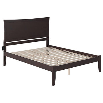 Modern Queen Platform Bed, Wooden Slats Support With Panel Headboard, Espresso