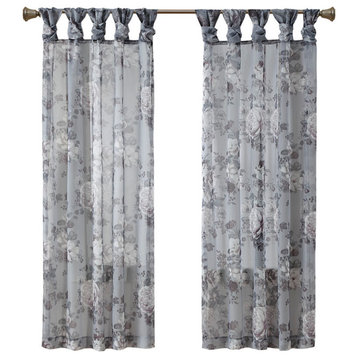 Madison Park Simone Printed Floral Twist Tab Top Voile Sheer Curtain, Grey