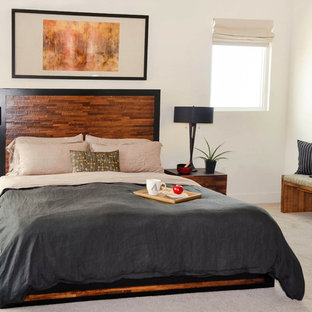 Idee per un'ampia camera matrimoniale etnica con pareti bianche, moquette, nessun camino e pavimento beige