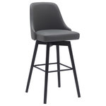 Armen Living - Sicily 26" Swivel Black Wood Counter Stool, Gray Faux Leather, 30 - Update your home with our modern, versatile, and exceptionally comfortable Sicily Upholstered Swivel Bar or Counter Stool. Featuring a softly contoured back and padded seat, our bar stool delivers linger-worthy comfort for your casual meals and cocktail hours. It is perched upon tapered legs with a metal footrest to provide a comfortable seating experience. The counter stool is generously padded to attain a cozy and modern look in any room. It is available in both easy-to-maintain faux leather upholstery or high-performance fabric to best suit the need of your household. The bar stool is expertly crafted from beechwood for easy care, durability, and natural beauty. You can use it anywhere in the house from your kitchen to a home office to accompany a kitchen island, pub table, home bar, or adjustable desk. Our modern bar stool is fitted with a wonderful 360-degree swivel function with a smooth gliding system, allowing you to follow conversations and create a social space at your kitchen island or breakfast counter. The Sicily swivel bar or counter stool easily incorporates into any home and is available in your choice of 26-inch or 30-inch seat height in a walnut wood finish with cream or gray faux leather upholstery or a black brushed wood finish with gray faux leather or light gray fabric upholstery.