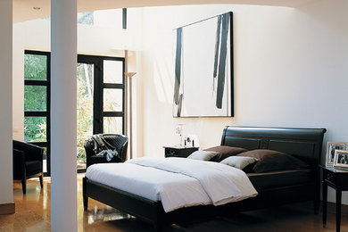 Aménagement d'une grande chambre parentale classique avec un mur blanc, un sol en bois brun et aucune cheminée.