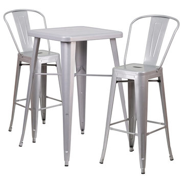 3 Pieces Patio Bistro Set, Square Table & 2 Stackable Bar Height Stools, Silver