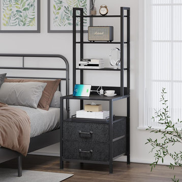 Set of 2 Unique Nightstand, Integrated Shelves and Charging Station, Black