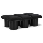 Meridian Furniture - Pavilion Black Boucle Fabric Bench, Black, Black Finish, 54" W X 31" D X 17.5" H - Bring valuable seating and remarkable style to your space with this black Pavilion Boucle Fabric Bench, an exquisite balance of style and usability for the entryway, bedroom, and beyond. Crafted from oak veneer with a black finish, this bench has a 4-inch-thick seat cushion that's channel-tufted for a touch of luxury. The bench's columnar bases add a dash of Art Deco design, making it a captivating focal point in any room.