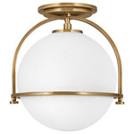 Hinkley Lighting - Somerset Semi-Flush Mount in Heritage Brass - Chic and elegant the Somerset collection exudes a quiet and precise sophistication. Subtly fusing modernity with vintage appeal its etched opal glass deftly floats inside a streamlined metal yoke and ring while understated turned metal knobs add an authentic edge.