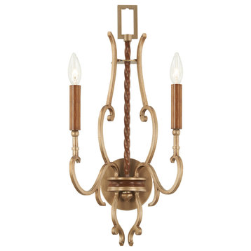 Magnolia Manor Two Light Wall Sconce, Pale Gold With Distressed Bronze